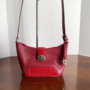 Brighton Mini Tote Black Leather Brown Croc Embossed Trim Silver Hearts